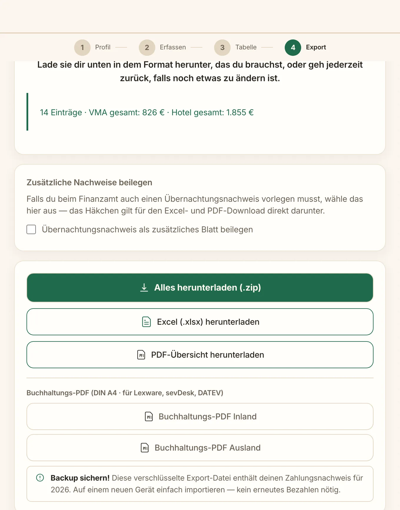 Export-Bereich von GigTax mit Excel, PDF-Übersicht und Buchhaltungs-PDF