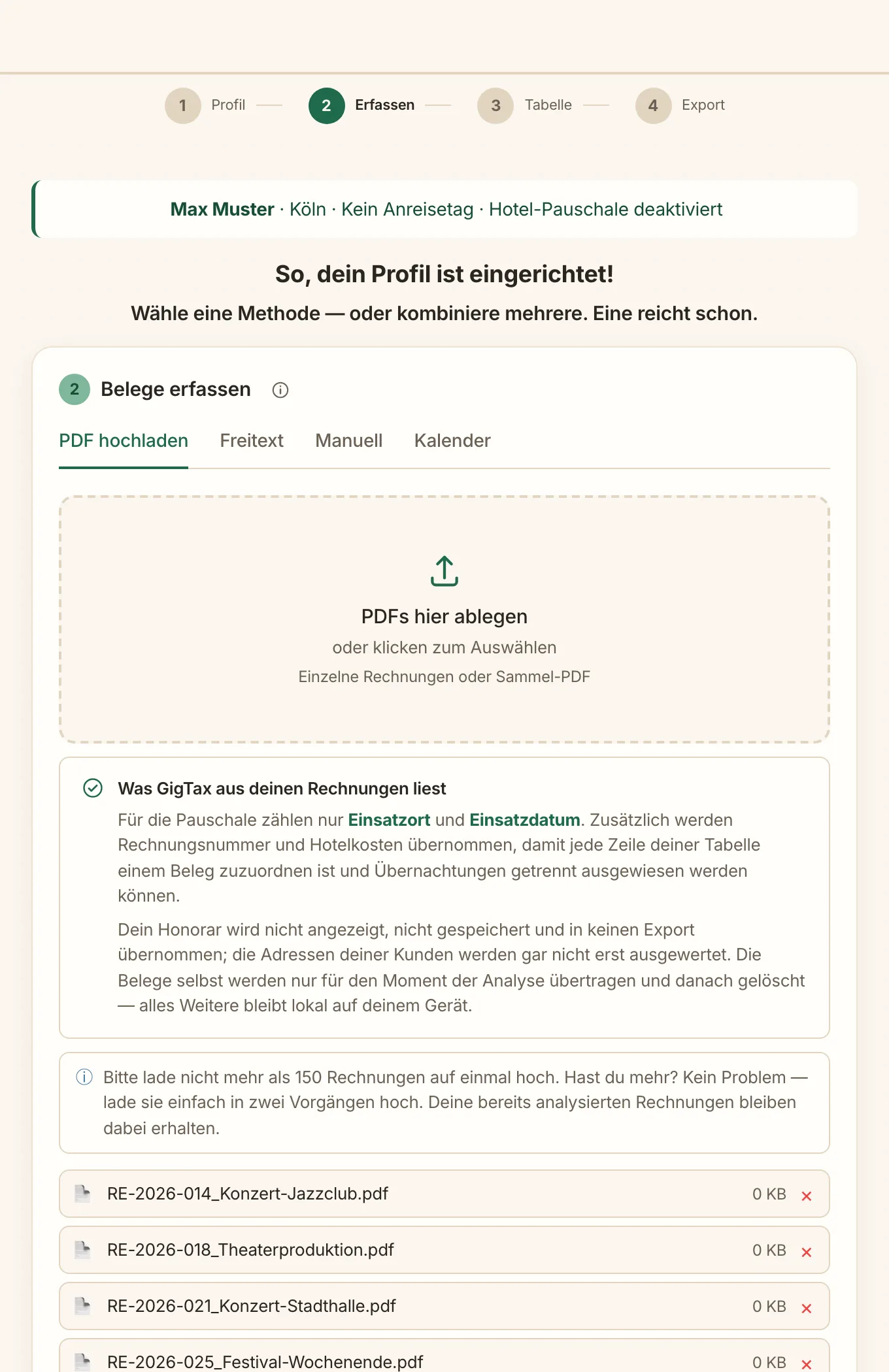 Spesen-App GigTax: Rechnungen hochladen Spesen-App GigTax: Upload-Bereich mit einer Liste hochgeladener Rechnungs-PDFs