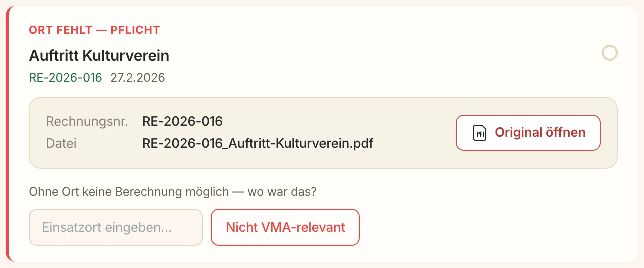 VMA-Tabelle prüfen VMA-Tabelle prüfen: Rückfrage von GigTax mit Eingabefeld für den Einsatzort, weil auf einer Rechnung der Ort fehlt